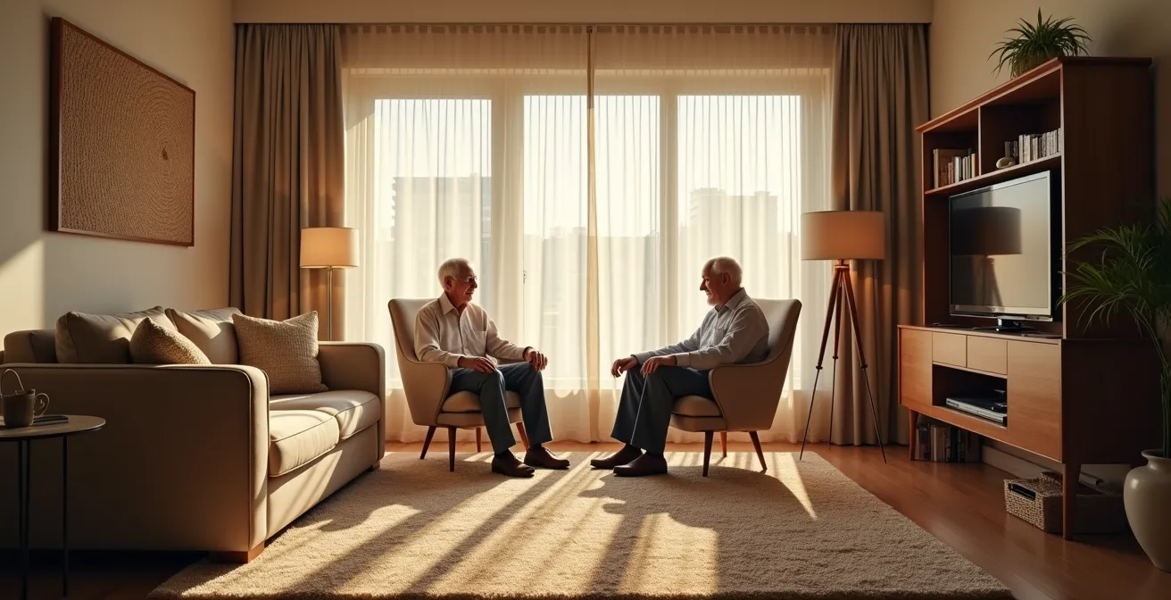 Senior-friendly living room with acoustic design elements for better hearing and conversation