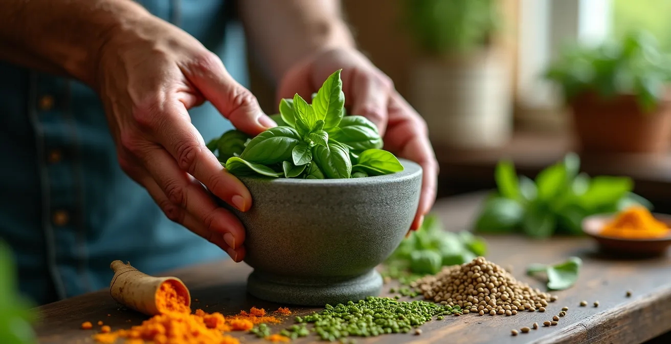 Vibrant array of fresh herbs and whole spices arranged on a wooden cutting board with mortar and pestle