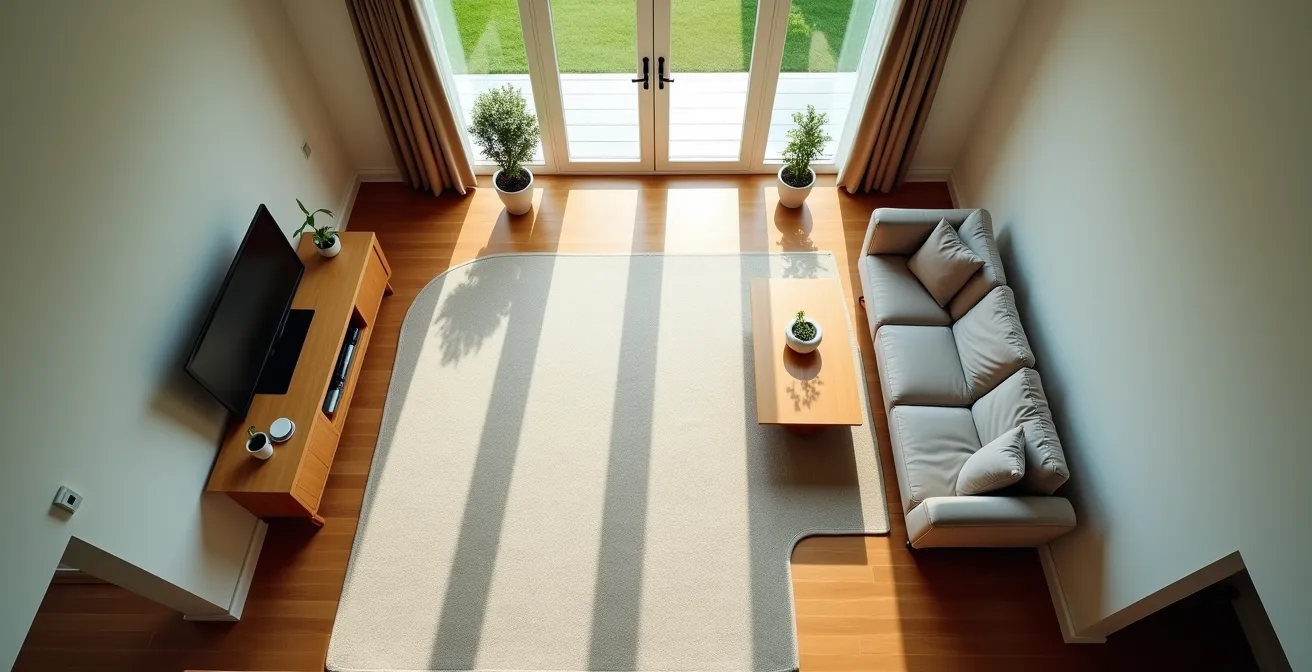 Aerial view of living room showing clear, wide pathways between furniture