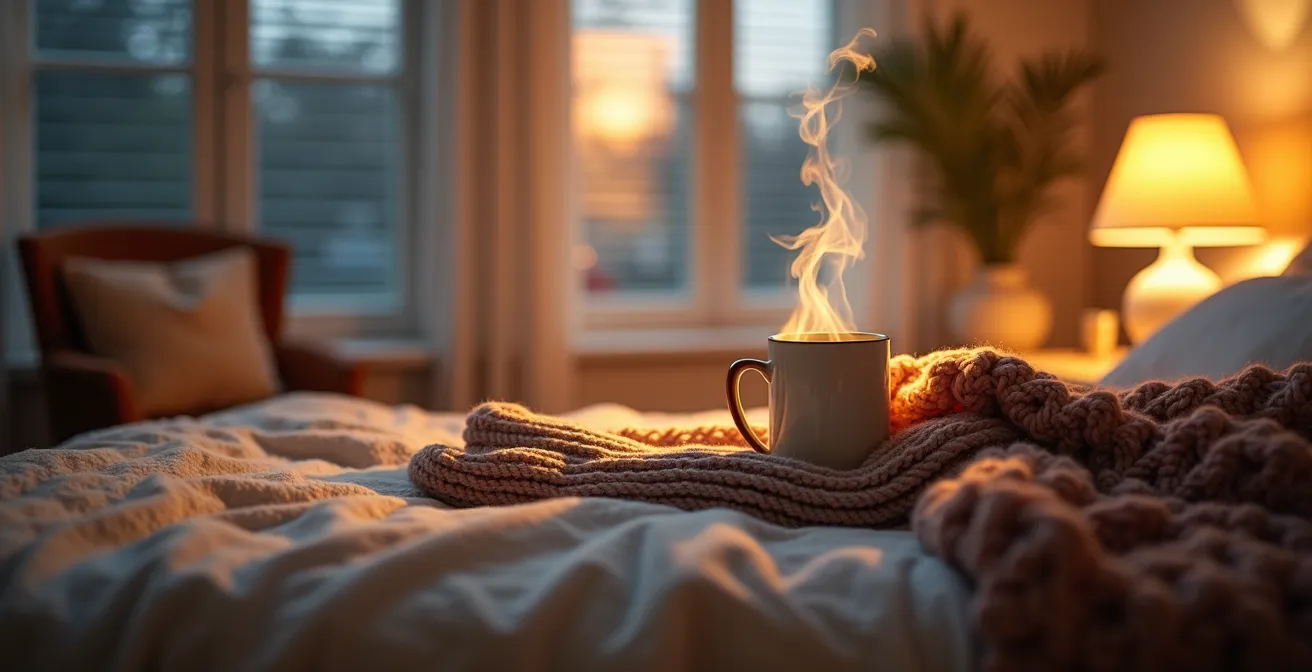 Cozy bedroom setup showing temperature control elements for optimal senior sleep