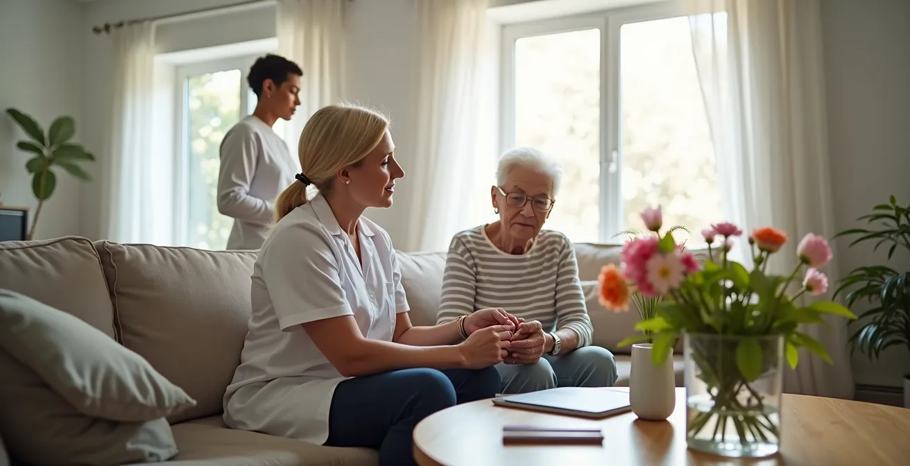 Wide shot of home care trial session with senior, caregiver, and family member observing natural interaction in living room setting