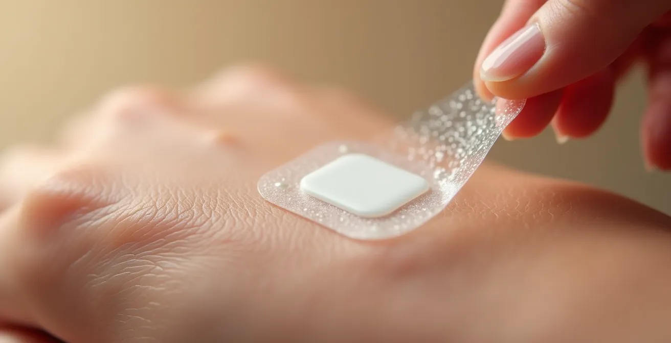 Close-up of waterproof patch being applied around a CGM sensor on an arm to secure it.