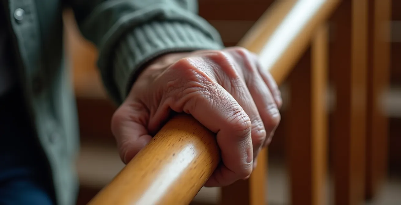 Detailed view of senior's hand demonstrating proper grip technique on stair handrail
