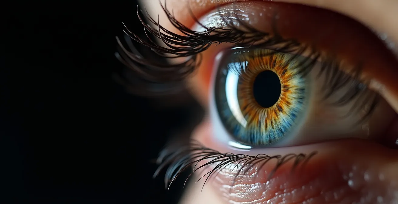 Extreme close-up of eye being examined with medical equipment