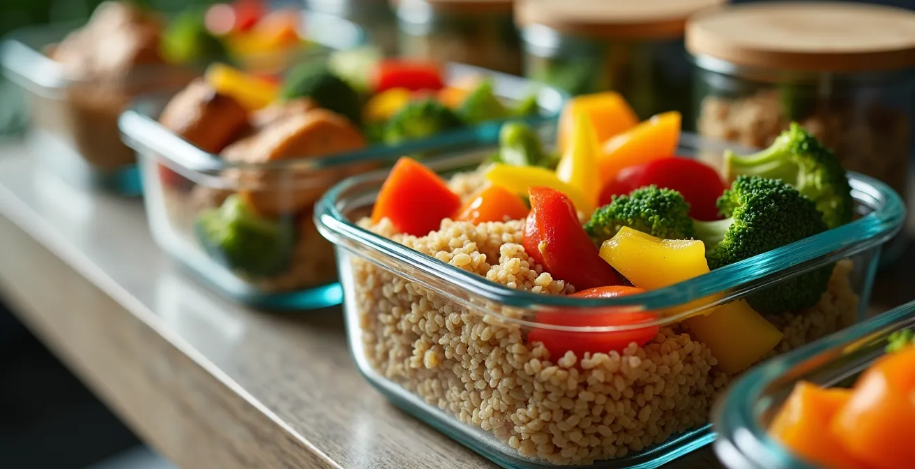 Macro view of organized meal prep containers with pre-chopped vegetables and labeled components