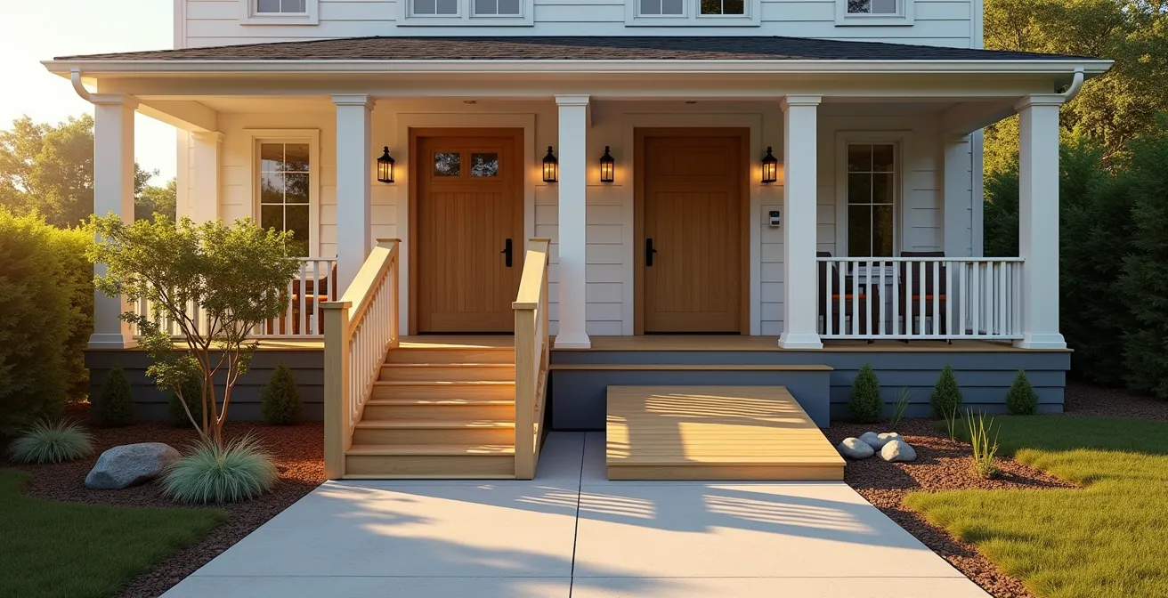 Split view showing a gently sloping wooden ramp on the left and a compact vertical platform lift on the right of a house's entrance