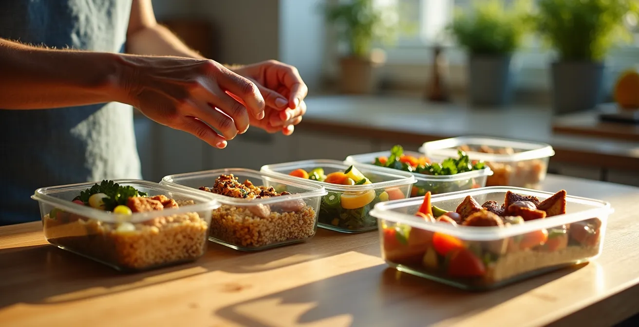 Glass meal prep containers filled with colorful DASH diet components arranged for weekly planning