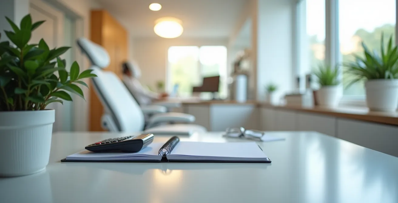 Professional dental office manager's desk during consultation