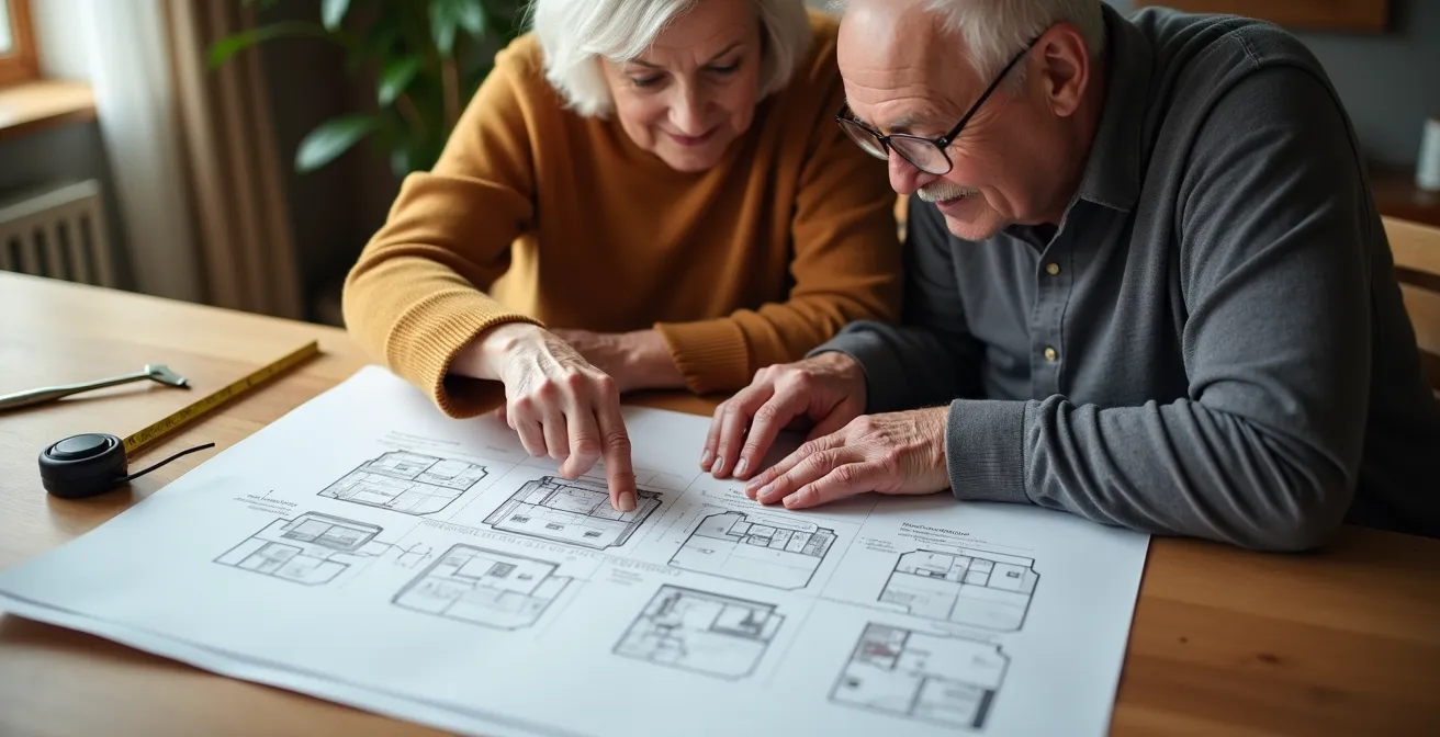 Elderly parent and adult child working together on home safety project as partners