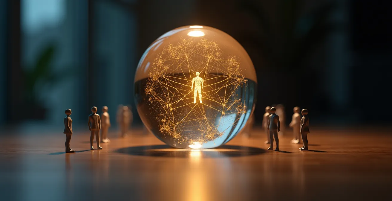 Abstract visualization of healthcare network connections radiating from a central elderly patient figure