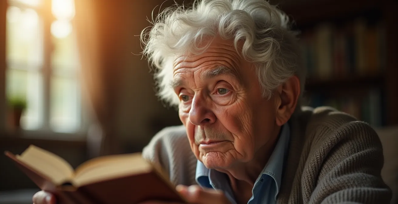 Active senior reading book in bright natural lighting