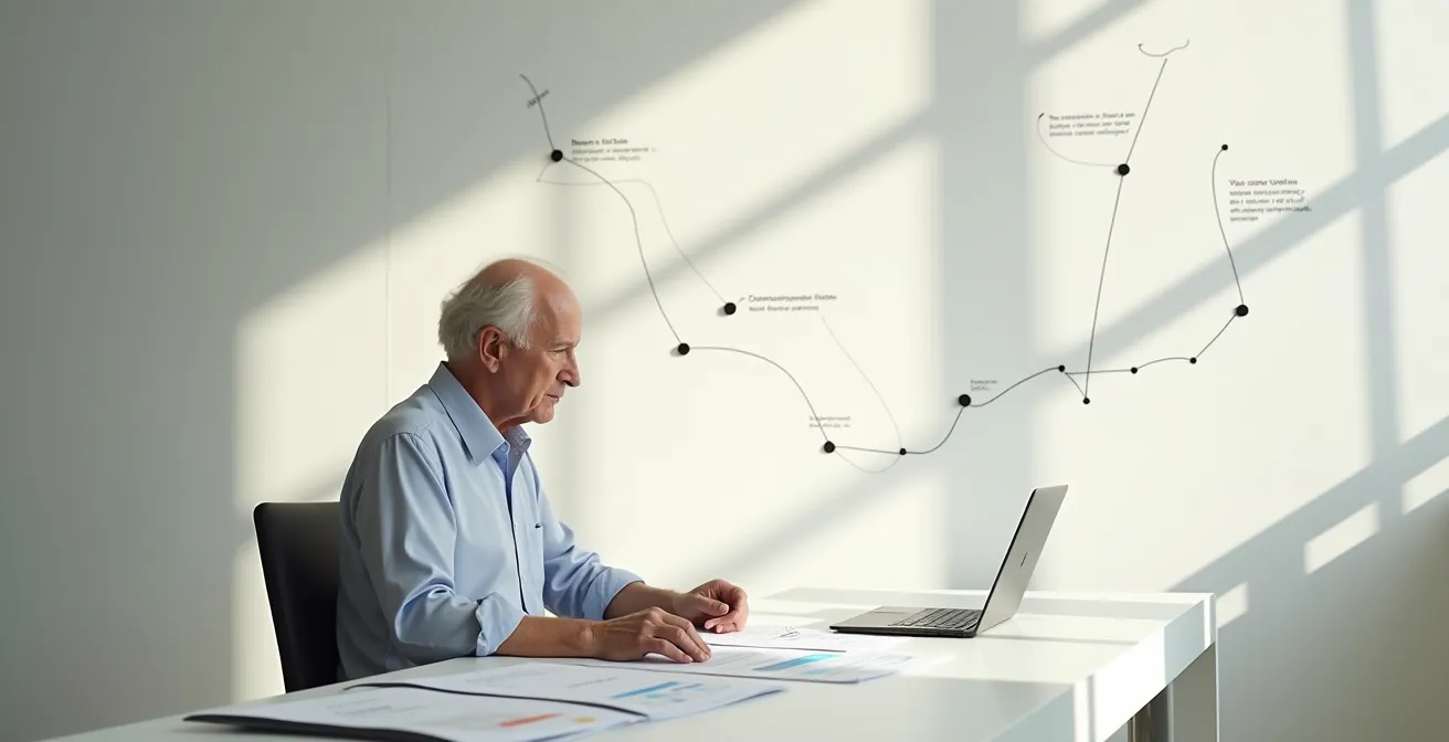 Senior person at a desk with a calendar and financial planning materials, contemplating a long-term timeline