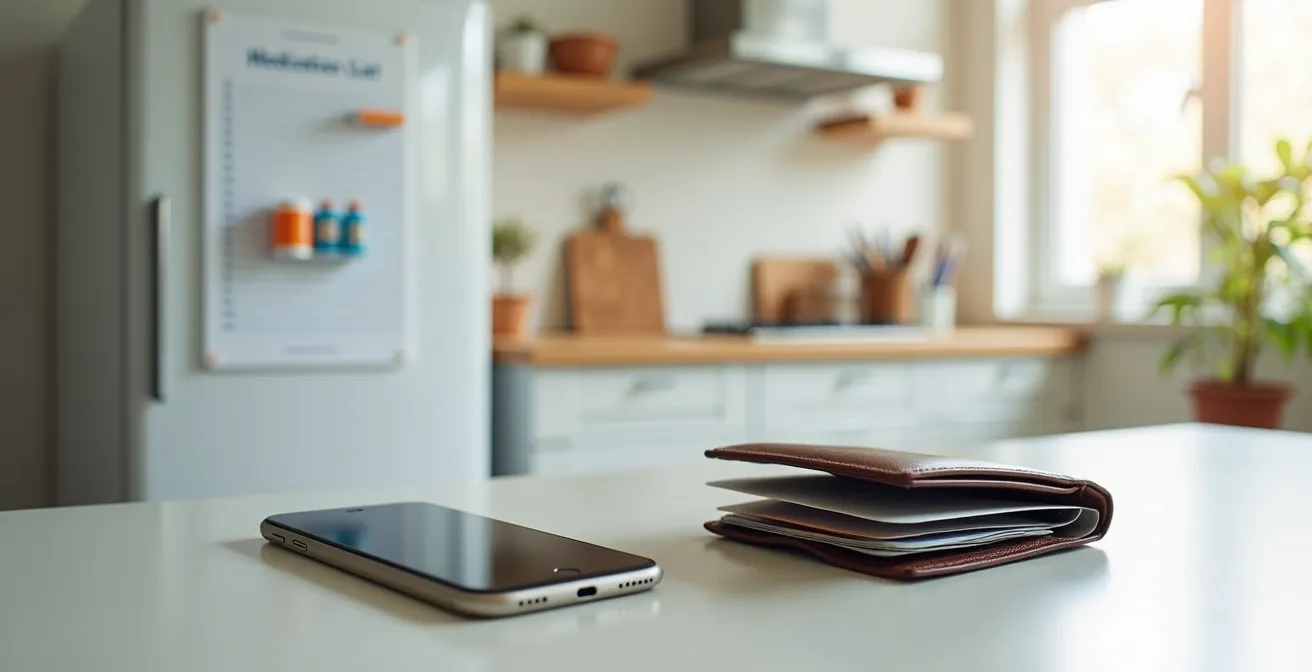 Organized medication list displayed on smartphone next to wallet card
