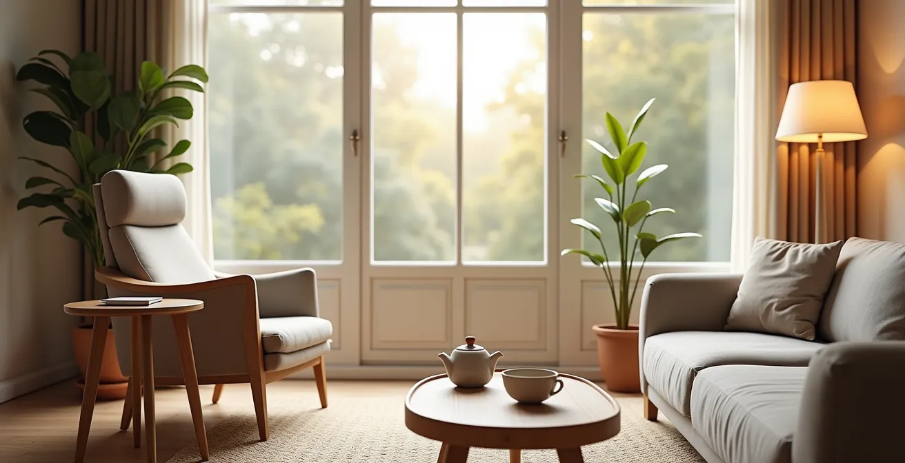 Wide angle view of accessible living room designed for senior independence and dignity