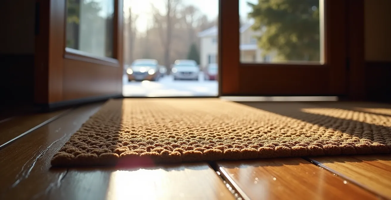 Wide angle view of professional two-mat entryway system with water dam edges