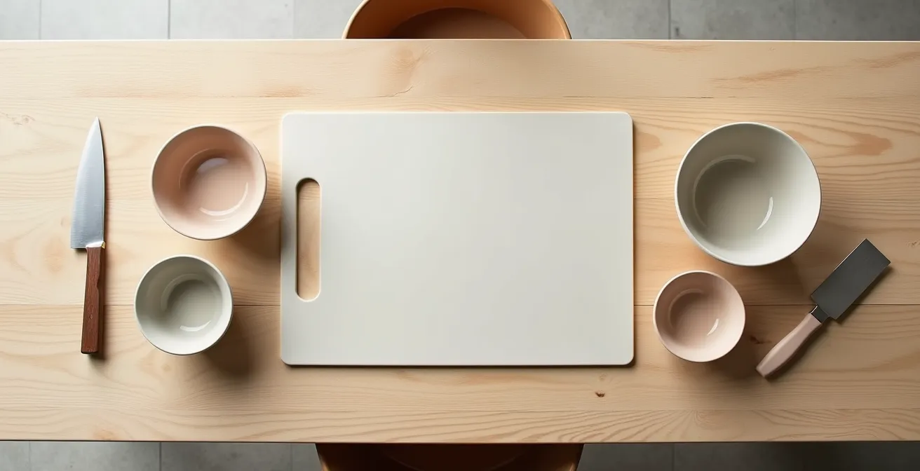 Overhead view of an ergonomically arranged seated kitchen preparation station showing the golden triangle setup