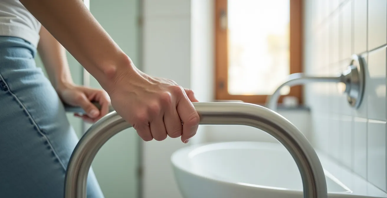Side view of proper grab bar positioning next to toilet for safe transfers