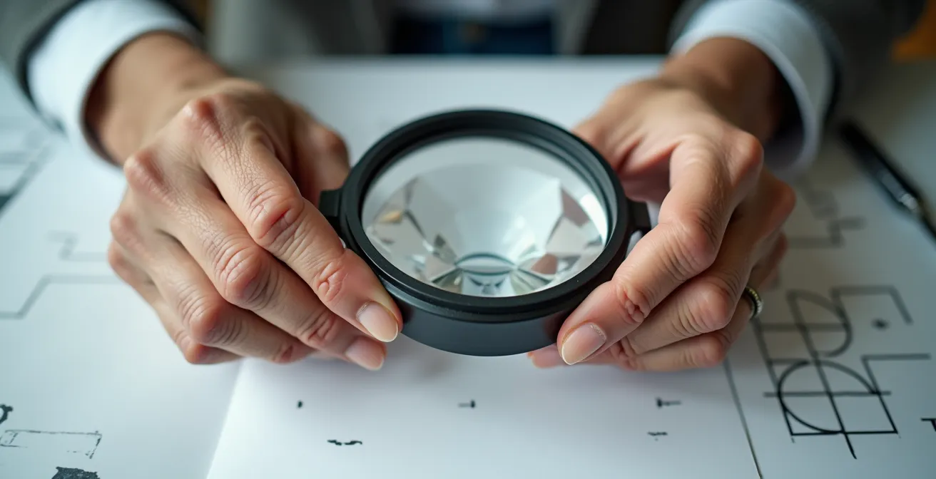 Close-up of hands holding a magnifying glass over medical paperwork