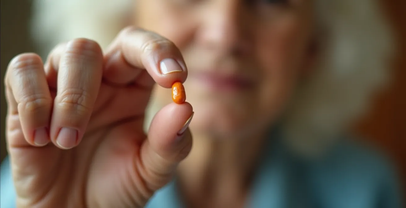 Close-up of elderly hand holding single pill with focused attention