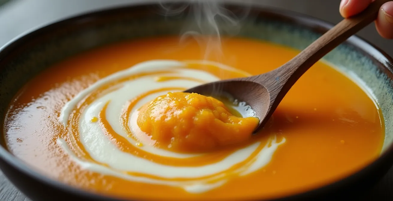 Close-up of hands adding white bean puree to a colorful vegetable soup, demonstrating protein fortification techniques