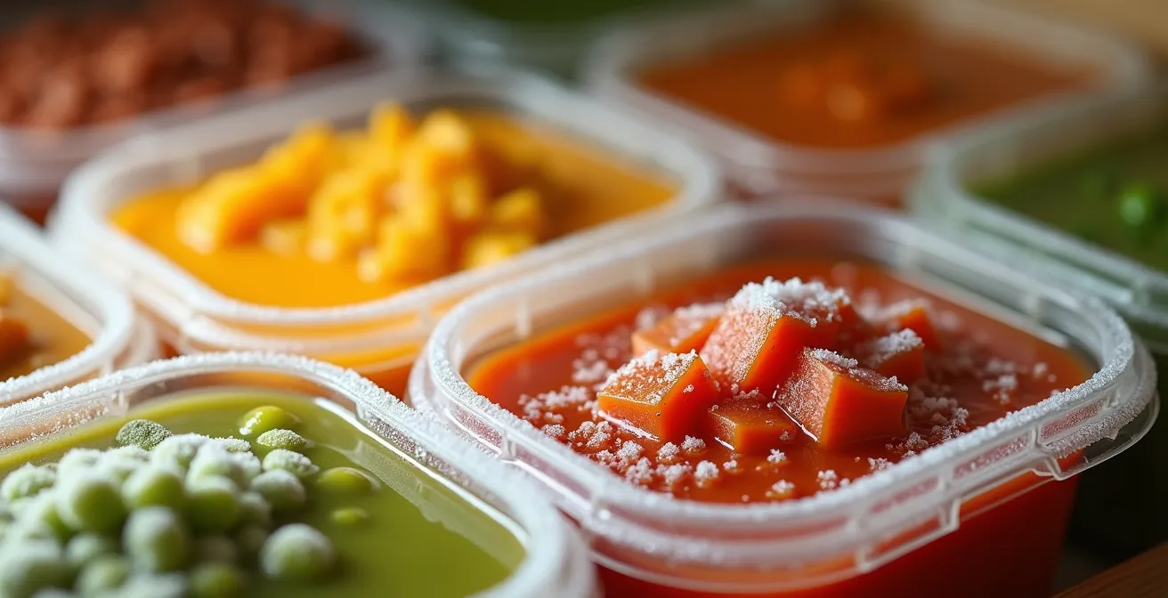 Organized freezer drawer showing labeled glass containers with colorful soups and stews ready for reheating