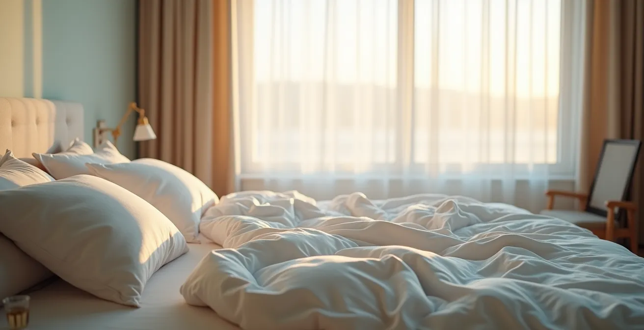 Peaceful bedroom scene showing gentle morning stretching movements for joint pain relief
