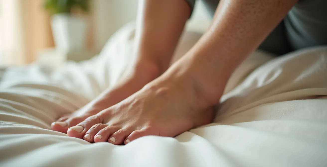 Senior performing ankle pumps stretch while lying comfortably in bed