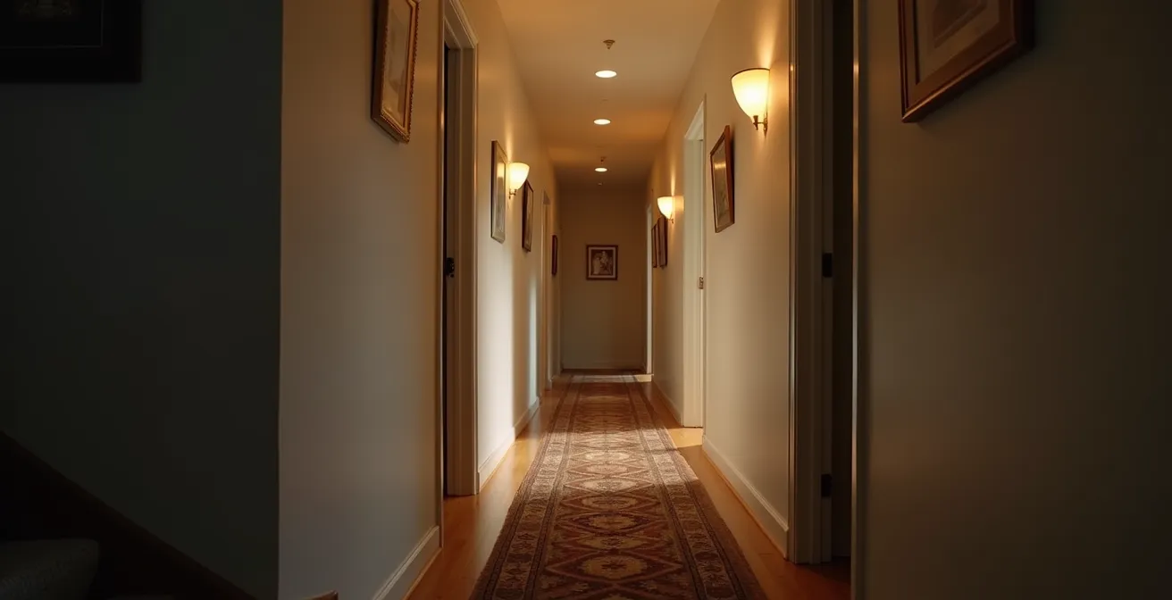 Well-lit hallway showing contrast zones and potential hazard areas for seniors