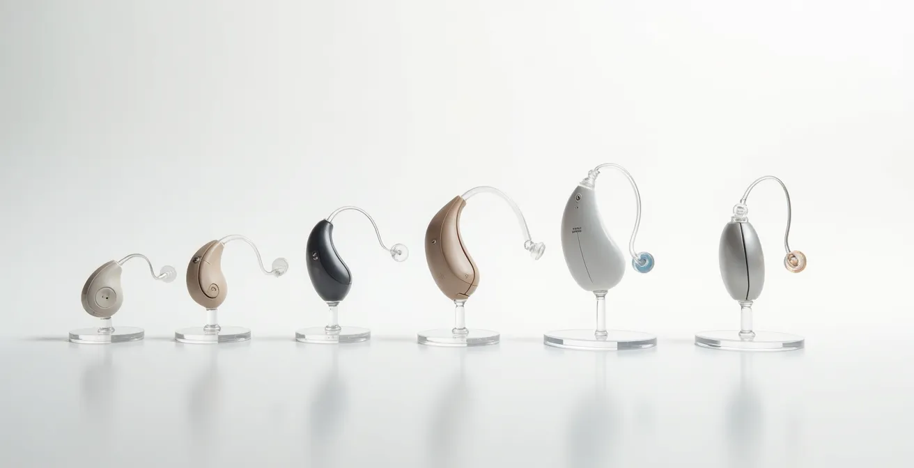 Visual timeline showing evolution of hearing aid technology from older to newer models