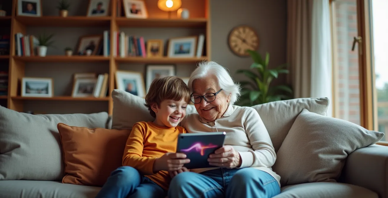 Grandparent and grandchild sharing tablet for intergenerational connection