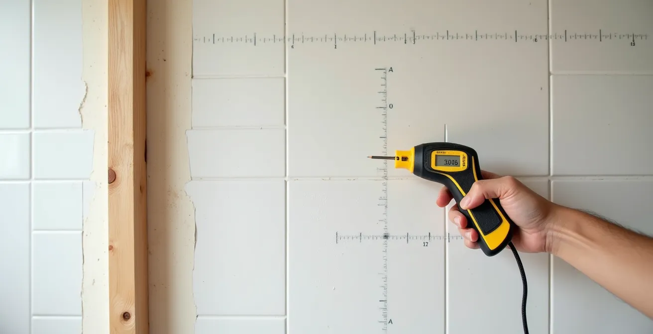 Cross-section view of wall showing stud finder detecting wooden studs behind ceramic tiles