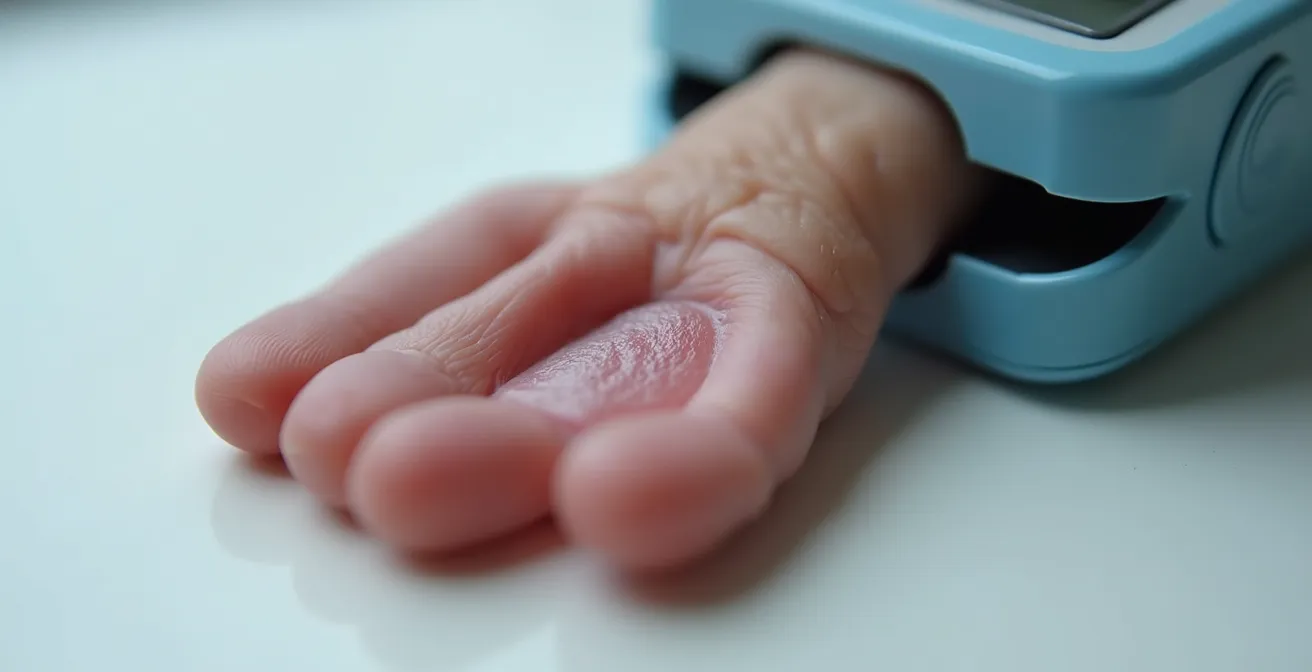 Extreme close-up of proper finger placement in pulse oximeter showing warm pink fingertip