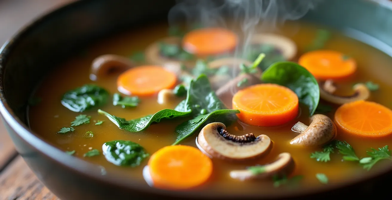 Extreme close-up of vibrant vegetable soup with visible textures and steam