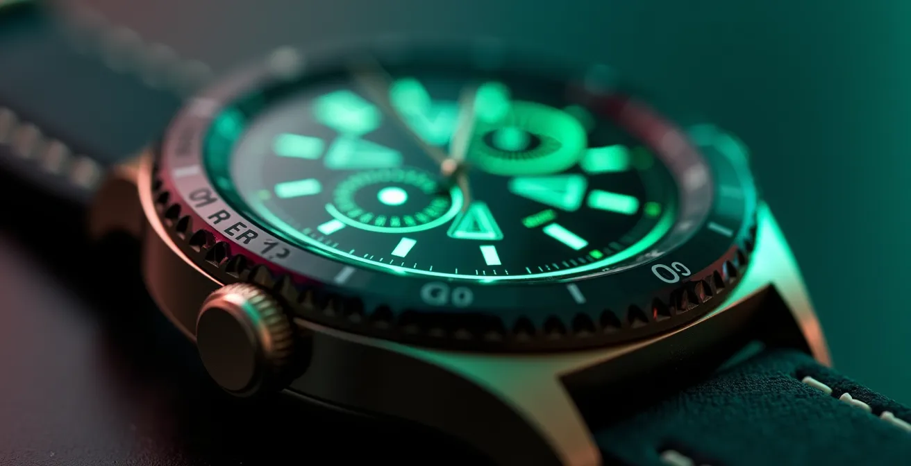 Extreme close-up of smartwatch optical heart rate sensor showing green LED lights and precision components