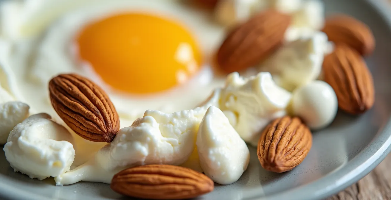 Extreme close-up of protein-rich breakfast ingredients showing textures and details