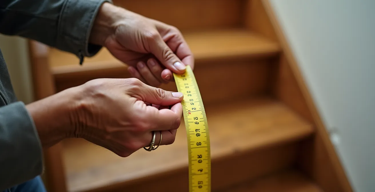 Hands measuring staircase width with a measuring tape at the narrowest point of a curve.