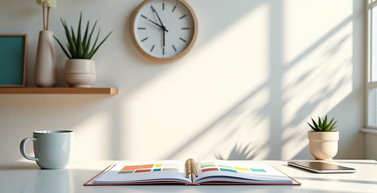 Wide angle view of organized desk with calendar, clock, and appointment planning materials