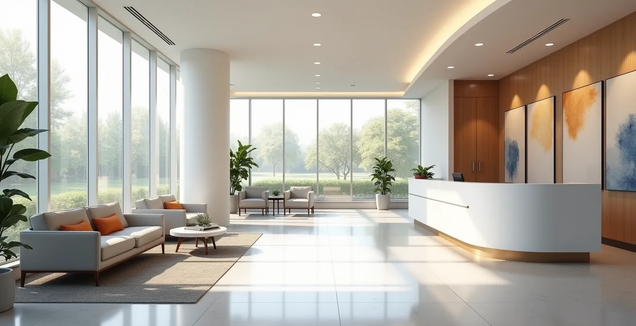 Wide angle view of a bright, modern medical office reception showing a spacious waiting area with natural light