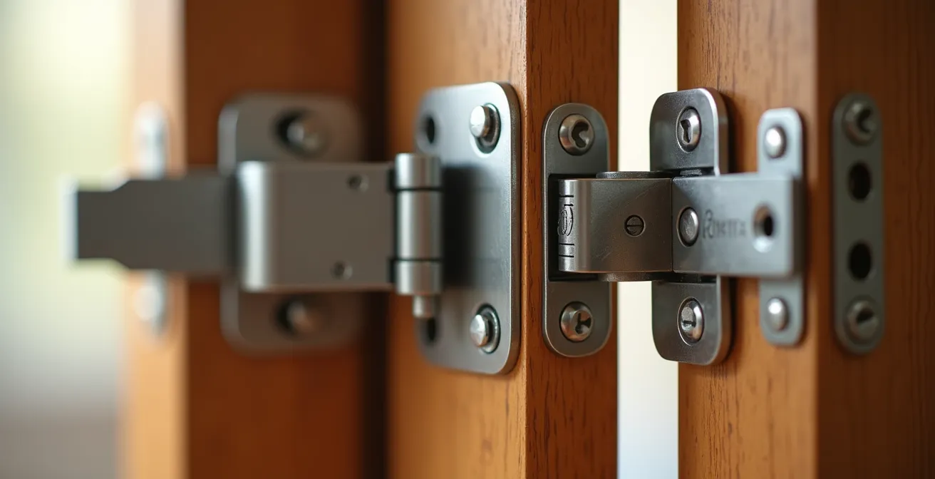 Close-up comparison of standard versus offset door hinges showing increased clearance