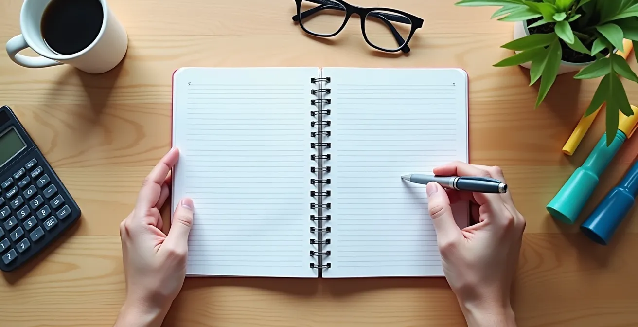 Well-organized blood pressure logbook with highlighted weekly averages on wooden desk