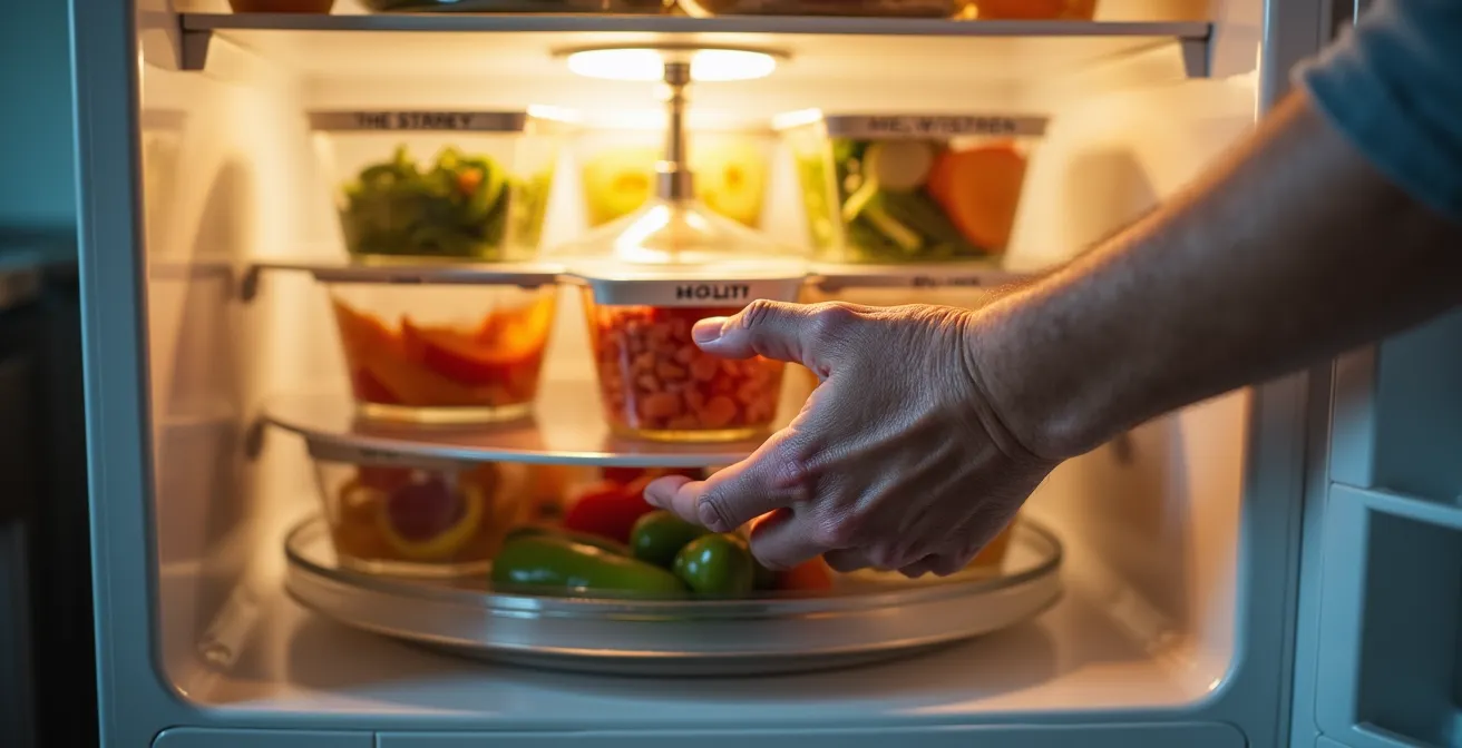 Interior view of refrigerator with rotating turntables and clear labeled containers