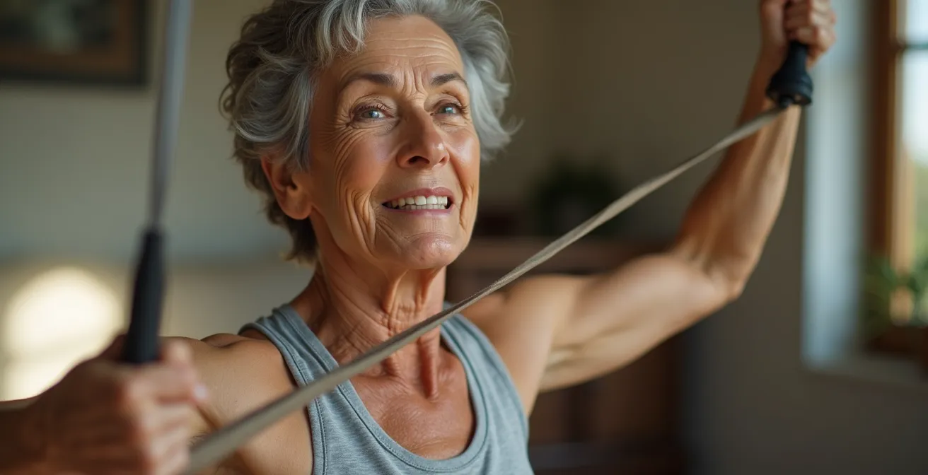 Senior woman demonstrating proper resistance band form with visible muscle engagement