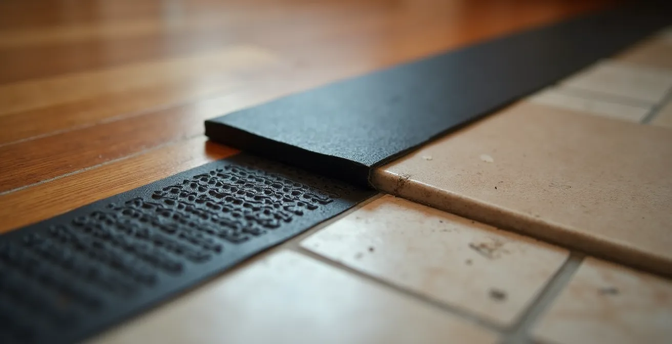 Close-up view of rubber threshold ramp installed between two flooring surfaces