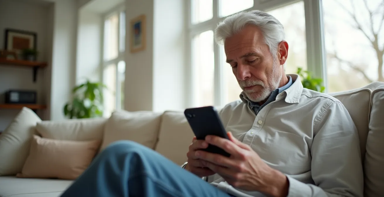 A senior person is seen comfortably adjusting the CGM settings on their smartphone in a calm home environment.