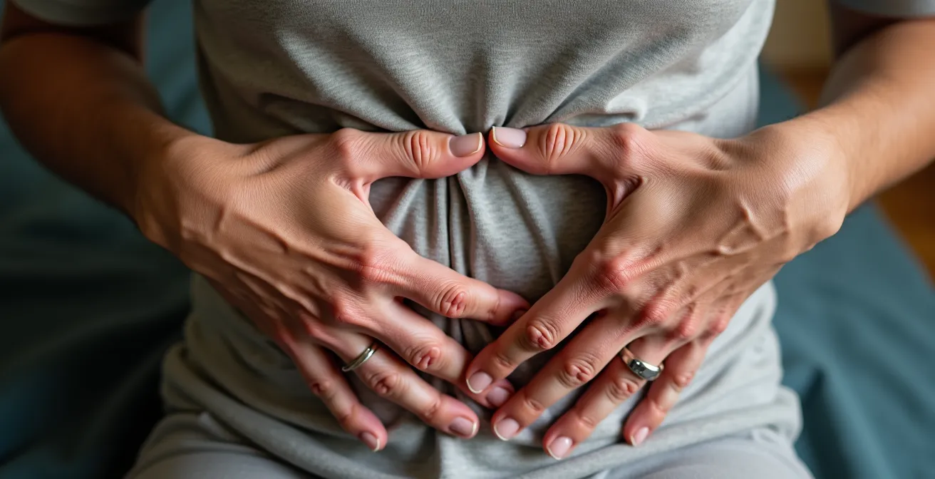 Close-up of senior hands positioned on chest and abdomen during breathing exercise
