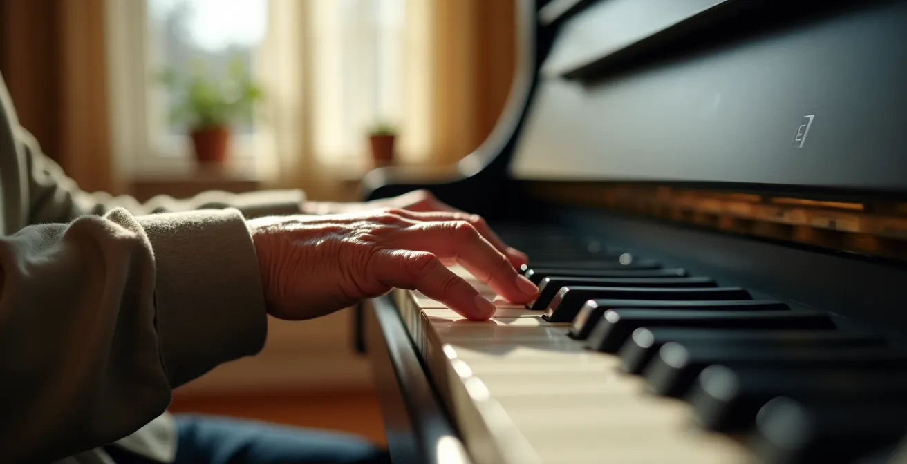Elderly person playing piano showcasing cognitive engagement through music