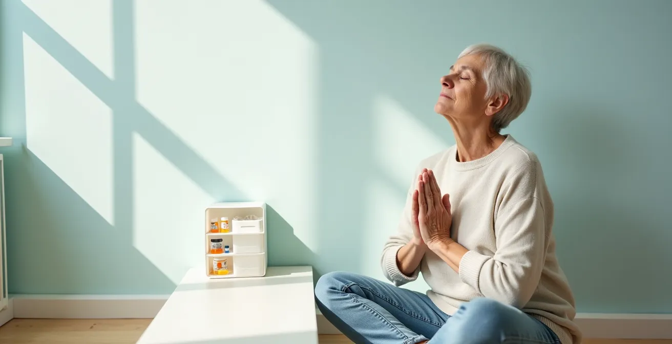 Elderly person practicing calm breathing technique before taking medication