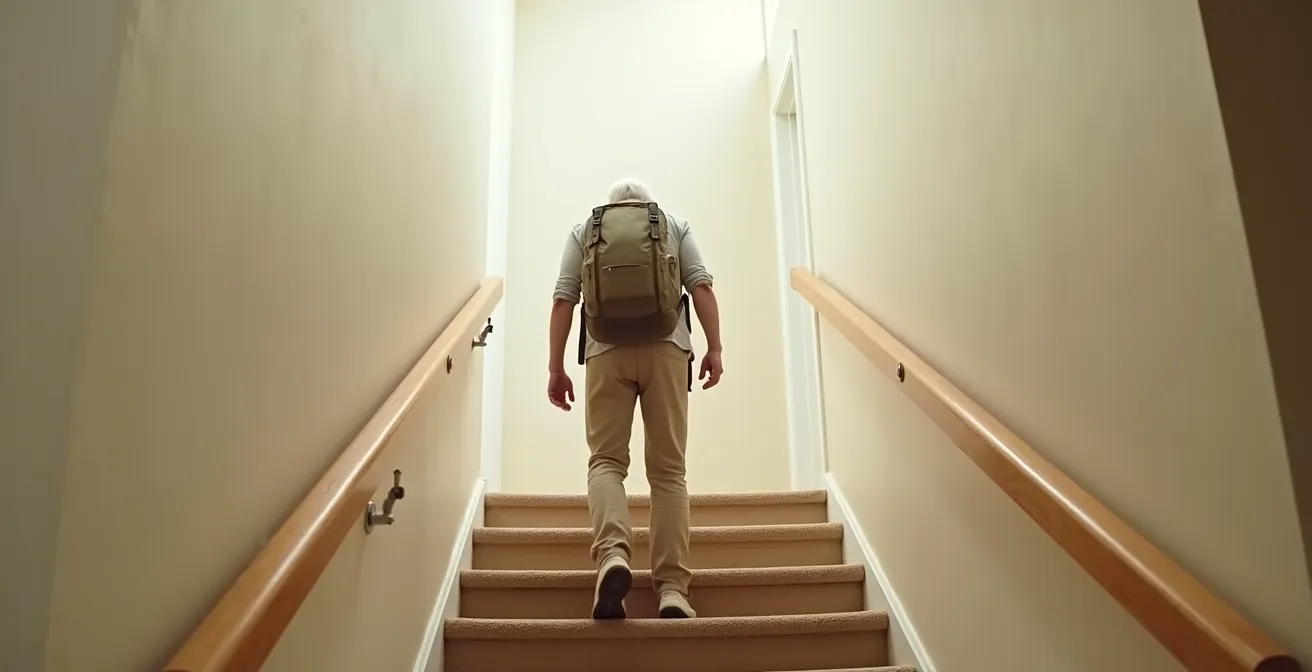 Elderly person wearing backpack while using handrails on stairs, demonstrating safe carrying method