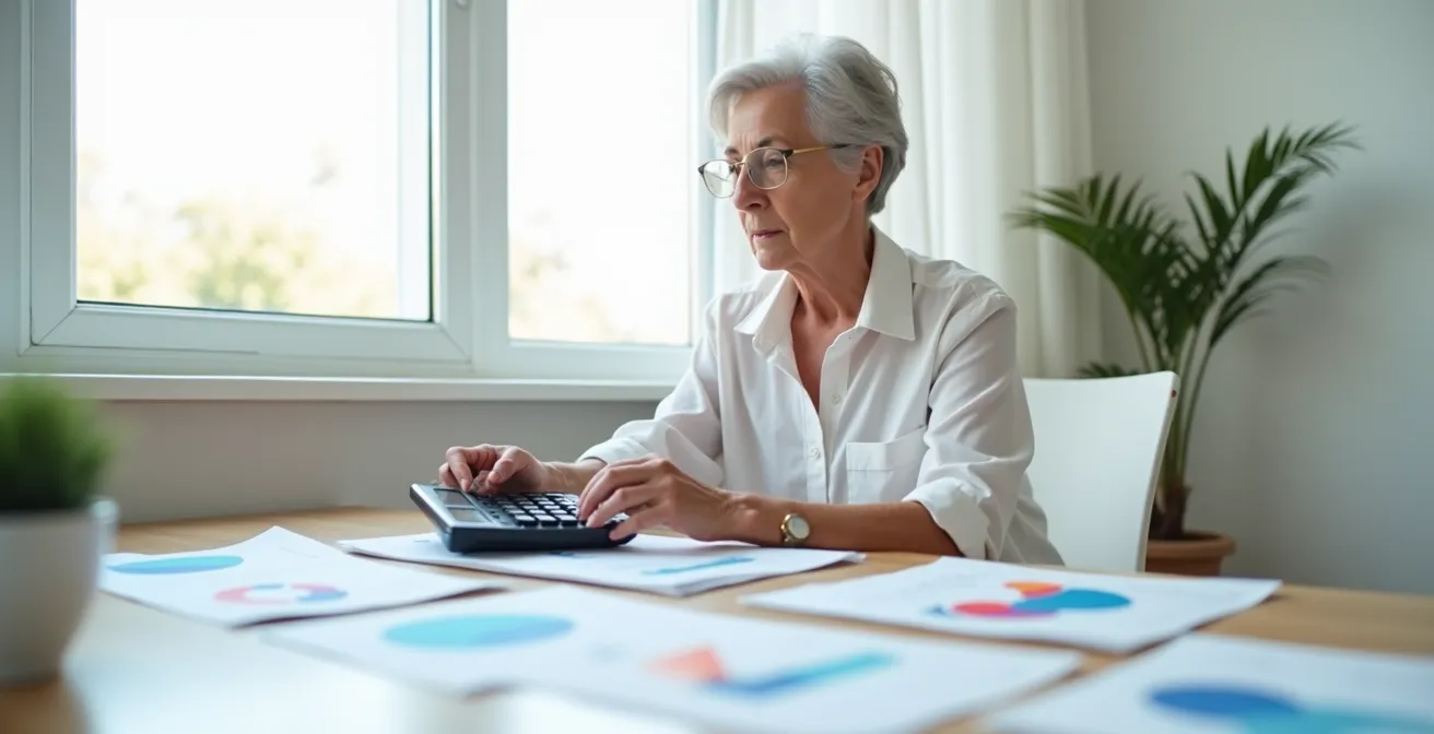 Senior woman at desk comparing insurance plans with calculator and abstract charts