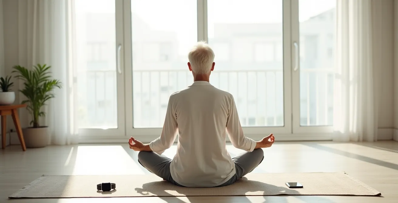 Peaceful senior person meditating in minimalist room with smartwatch placed aside on table